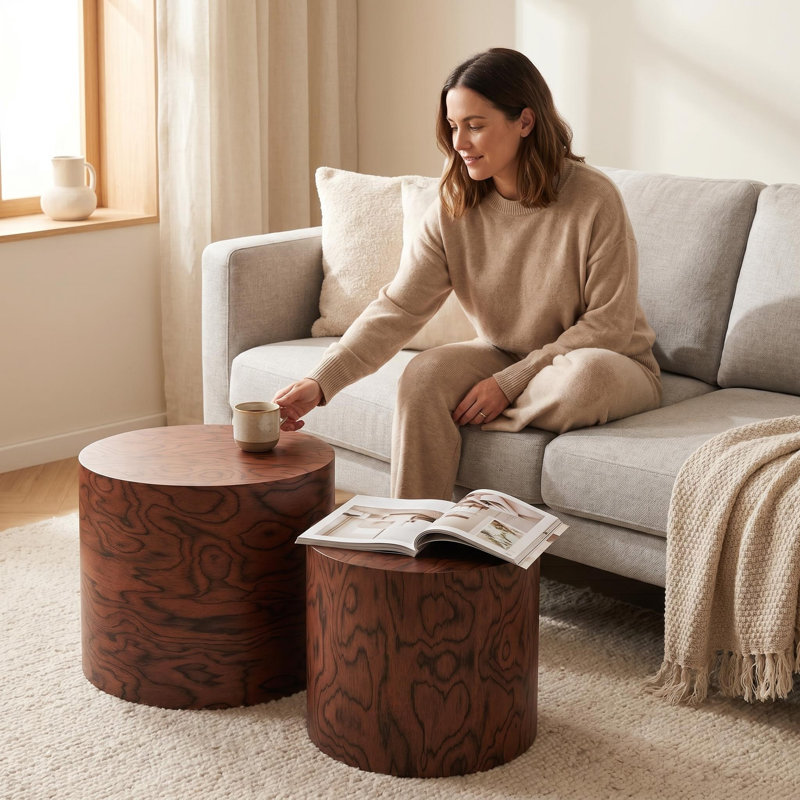 Ensemble de 2 tables basses gigognes rondes, table d'appoint en forme de souche d'arbre, sans assemblage, table d'appoint rustique à grain de tourbillon naturel pour le salon, décor de maison de campagne moderne Wabi-Sabi, pommeau brun