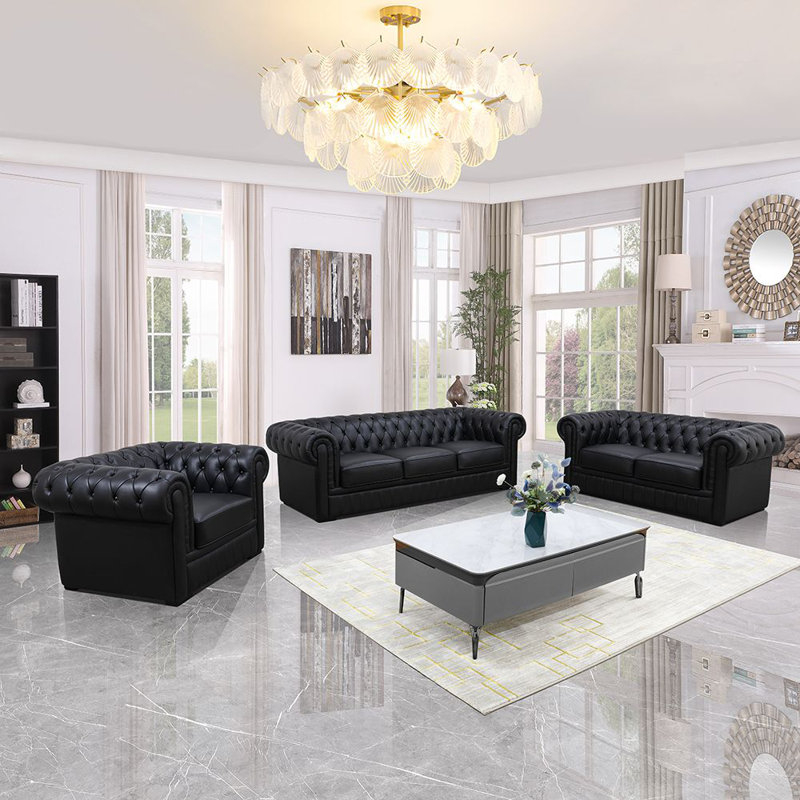 Ensemble de salon en cuir véritable 3 pièces Sahab