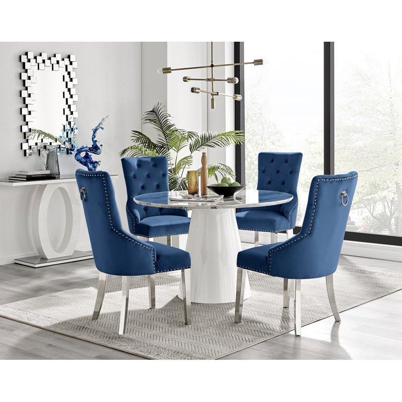 Edward Statement Pedestal Dining Table Set with 4 Luxury Velvet Upholstered Dining Chairs, Green, White Marble Effect