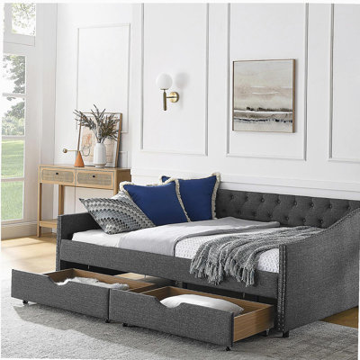 Lit de jour double avec tiroirs, canapé-lit capitonné, avec bouton sur le dos et clou en cuivre sur les accoudoirs ondulés (80,5 po x 55,5 po x 27,5 po)