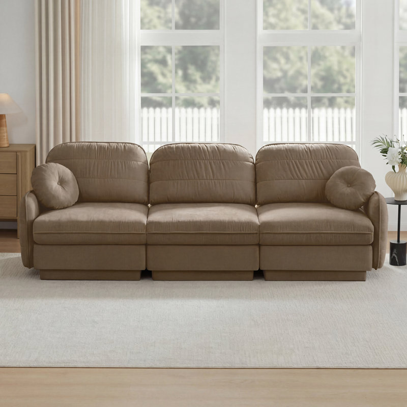 Chenille Cloud Regeani Sofa with Round Pillows, Quilted Back, Deep Seat, H 37,4 po x l 105,1 po x P 33,4 po, Café clair