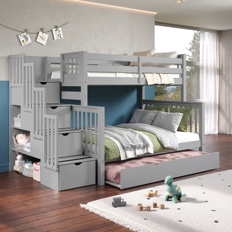 Tena Solid Wood Standard Stairway Bunk Beds Twin over Full, 4 Drawers in the Steps, Full Trundle, Gray, Gray