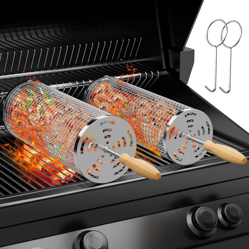Cadeaux de gril à roulettes pour barbecue, paniers de grillage gigognes pour petites viandes de légumes, poignée amovible, acier inoxydable 304, accessoire de barbecue pour l'extérieur, cadeau d'anniversaire et de Noël