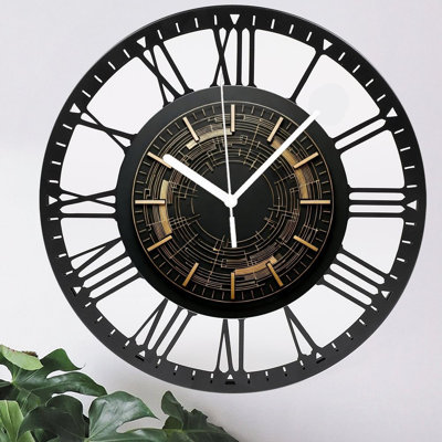 10" Round Iron Wall Clock with Silent Quartz Movement, Roman Numerals, UV-Printed Design