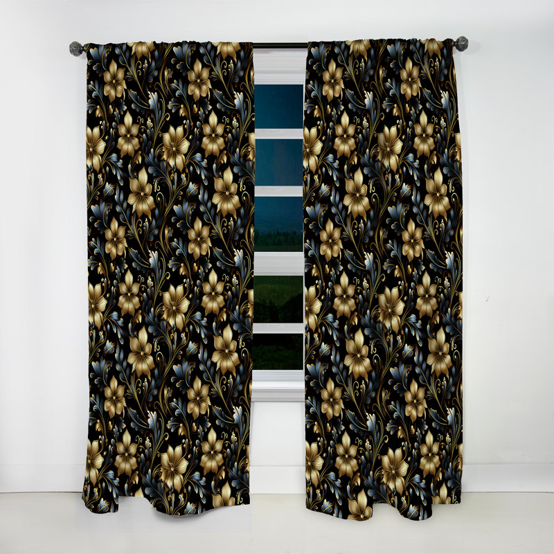 Gold And Blue Luxury Damask Symphony III - Bohemian Velvet Curtain - Room Darkening - 1 Panel, 52" W x 108" L