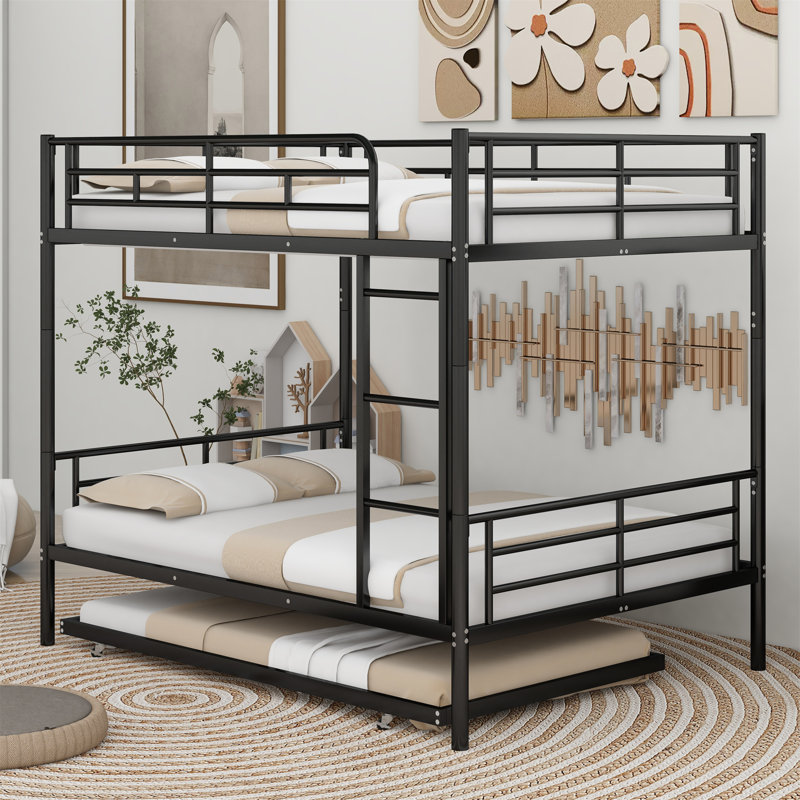 Metal Bunk Bed with Trundle, Black