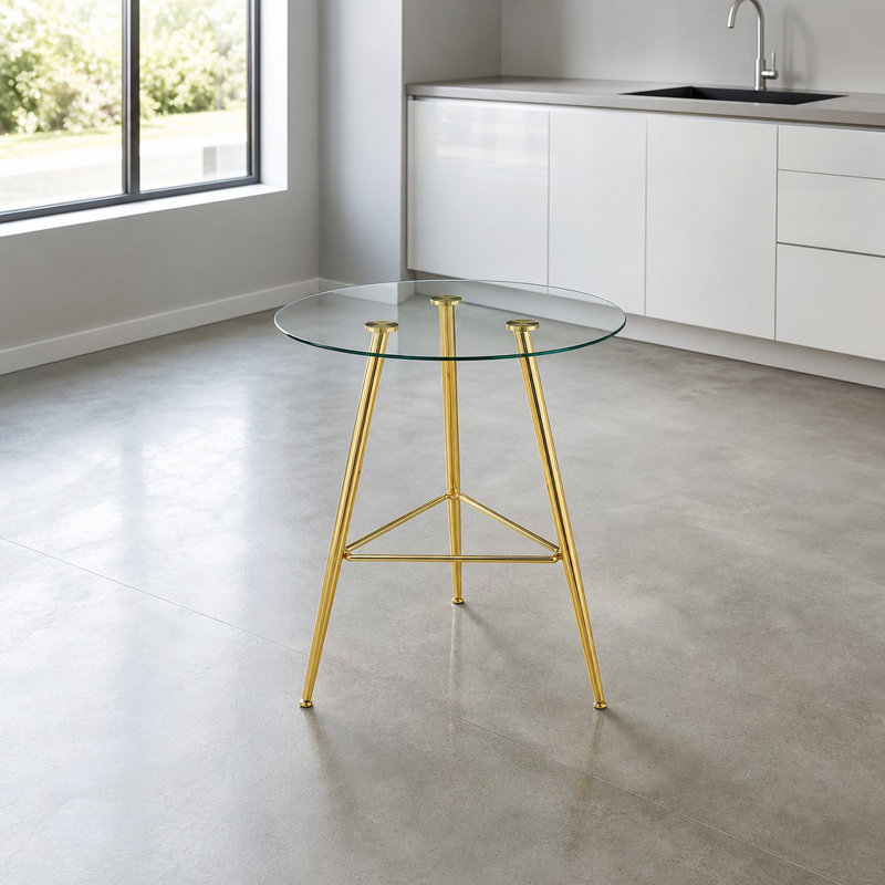 Table de pub ronde avec plateau en verre trempé, table de bistro moderne et stable avec pieds en métal durables, table à hauteur de comptoir peu encombrante
