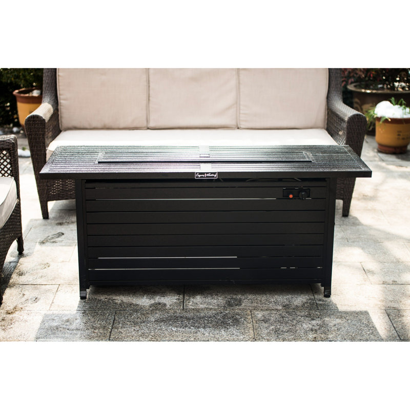 Foyer extérieur 57 po avec propane au gaz, couvercle de table de foyer en aluminium 50000 BTU et verre, salle à manger rectangulaire pour terrasse de jardin, teinte noire martelée, extérieur au propane et leurre de salle à manger,