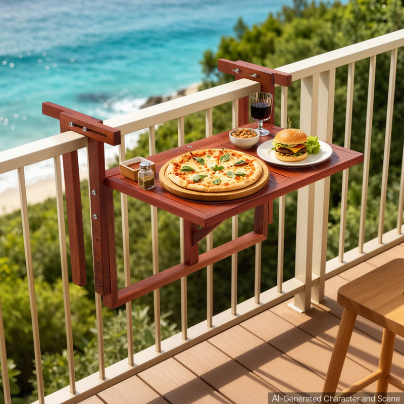 Balcony Hanging Table 22" x 11" 60 lbs Folding Railing Bar Table, for Outdoor Patio Garden Deck, Fits 3.1"-5.3" Rails, 4-Level Adjustable Height, Durable Acacia Wood Material, Space-Saving