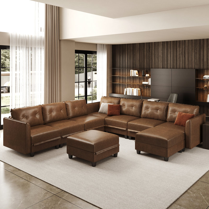 Canapé modulaire modulaire avec rangement, similicuir brun moderne, méridienne réversible, canapé en forme de U pour le salon, imperméable et facile à nettoyer, 7 sièges avec 2 repose-pieds