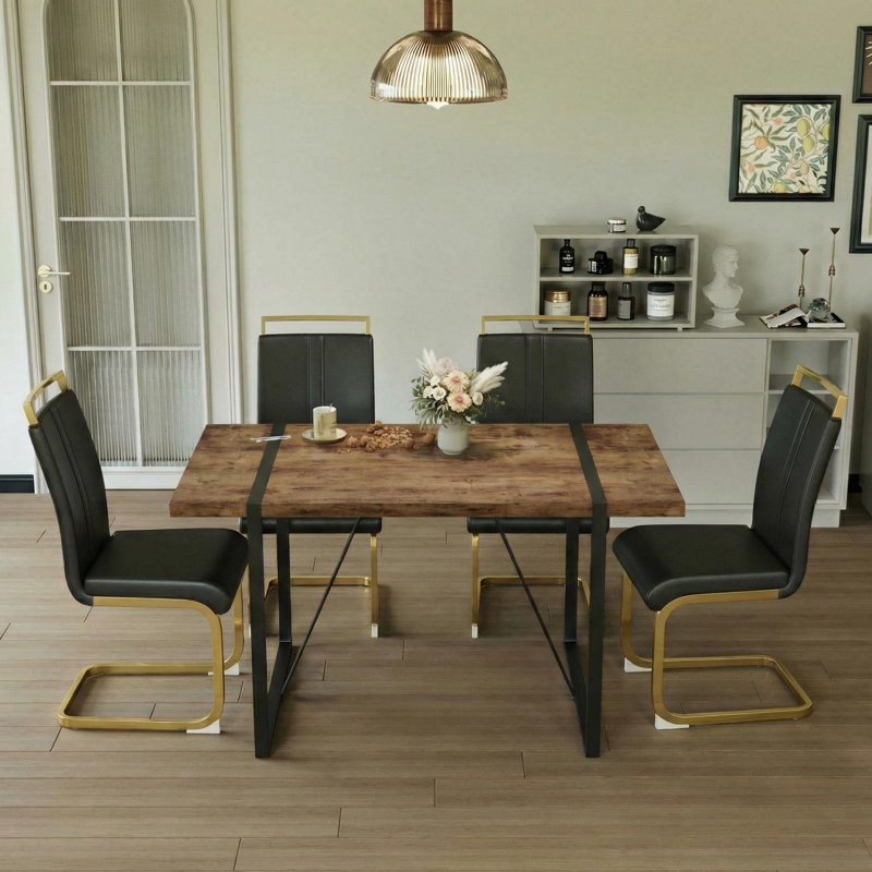 Modern Farmhouse 5-piece Dining Set With Rectangular Table & 4 Pu Leather Chairs, Black/Gold