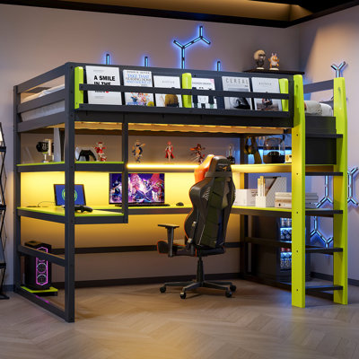 Lit mezzanine double multifonctionnel avec rangement et caractéristiques techniques, conception moderne en bois