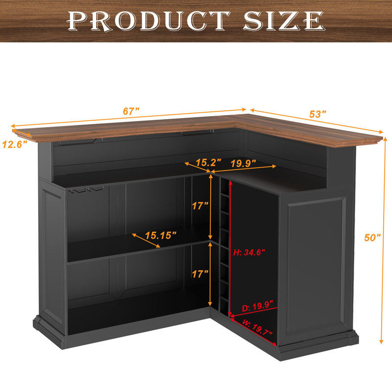 L Shaped Home Bar Cabinet with Fridge Space, Oversized Modern Basement Bar Table, 67" x 53” Wine Cabinet with Storage for Man Cave