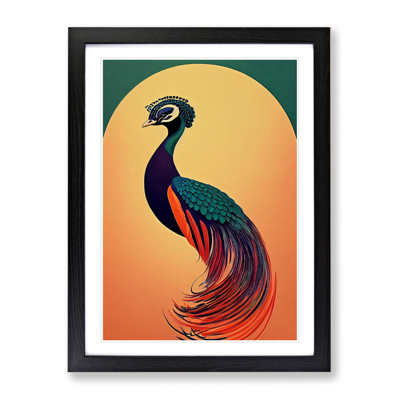 An Nouveau Peacock - Single Picture Frame Painting, 46cm H x 34cm W x 2cm D, Black