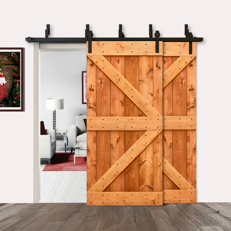 Porte de grange à panneaux et en bois avec quincaillerie d'installation, Rouge / noyer, 92 po x 84 po