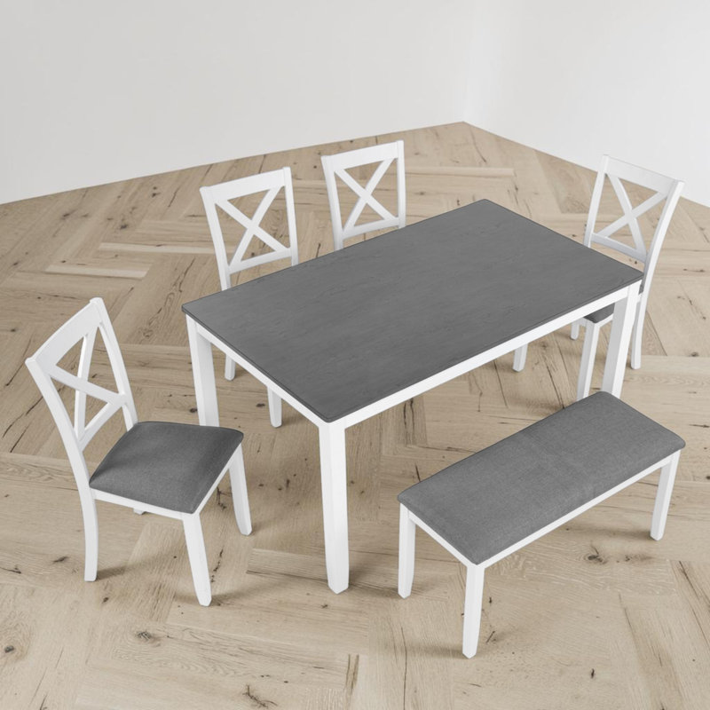 Ensemble de table de salle à manger 6 pièces, chaises en bois à dossier en X, banc rembourré, ferme moderne, salle à manger
