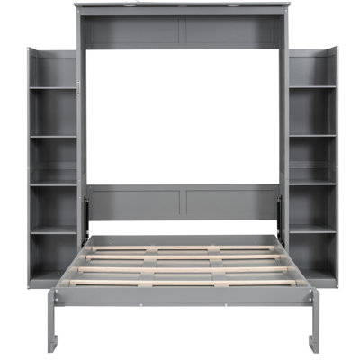 Gray Full Size Bed With Shelves And Led Lights, Great For Home Gym, Mattress Holder Comfortable Slats Wall Lights In Gray, Space , Flexible Support
