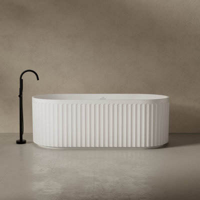 MonBlari 67" X 31.5" Solid Surface Fluted Freestanding White Soaking Bathtub With Overflow And Pop-Up Drain For Bathroom