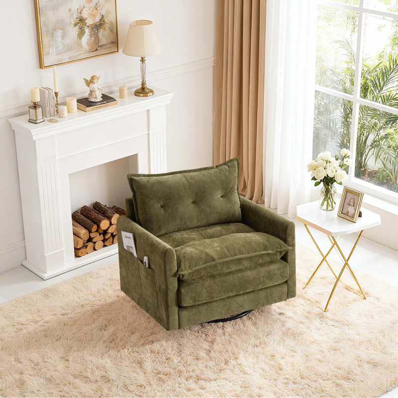 360°Chenille Upholstered Single Swivel Chair, Olive Green