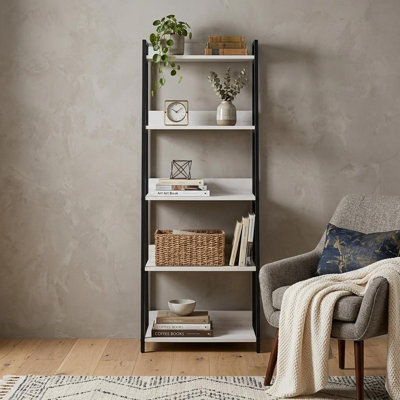 Bibliothèque Vinda avec cadre en bois et 5 compartiments ouverts, blanc délavé et noir