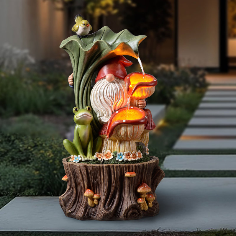 Resin Gnome Water Fountain Outdoor with LED Lights, Outdoor Water Fountain with Mushroom Waterfall for Patio Balcony Yard, 21" Tall Outdoor Fountain Garden Water Feature