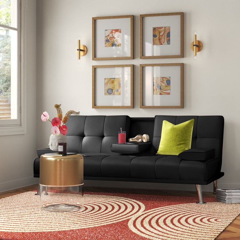 Maggie Twin 66'' Faux Leather Convertible Sofa, Black Faux Leather