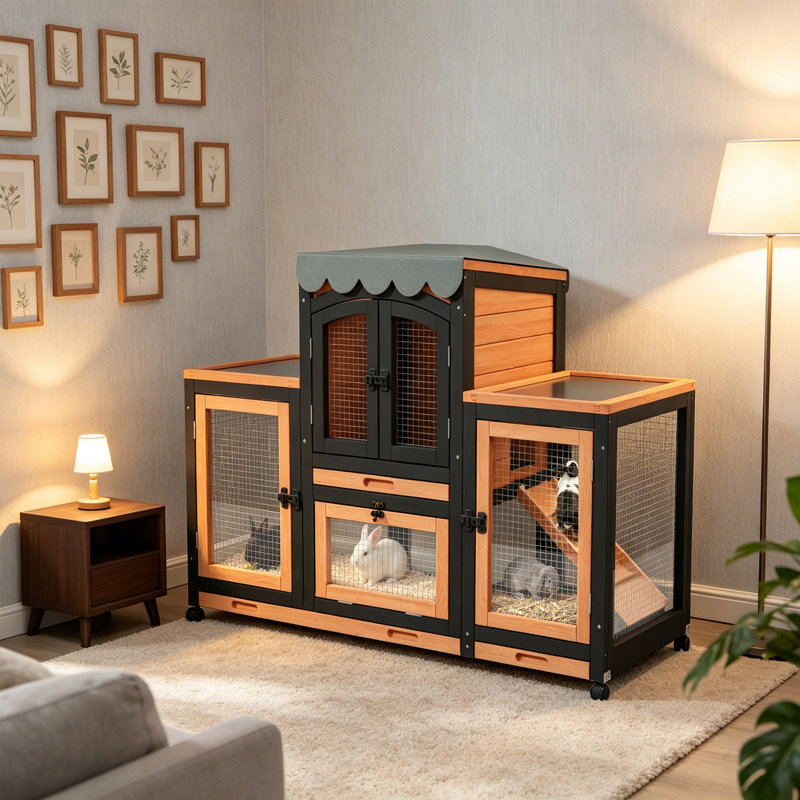 Cage à lapin d'intérieur avec gardes à urine, cage à lapin extérieure résistante aux intempéries avec roue et plateau, portes arquées