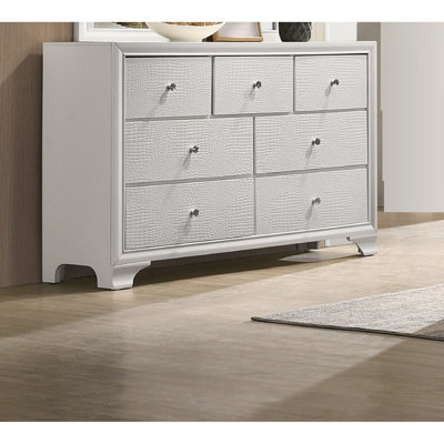 1Pc Modern Glam Style White Finish Glam Seven Drawer Dresser Embossed Crocodile Pattern Wooden Bedroom Furniture