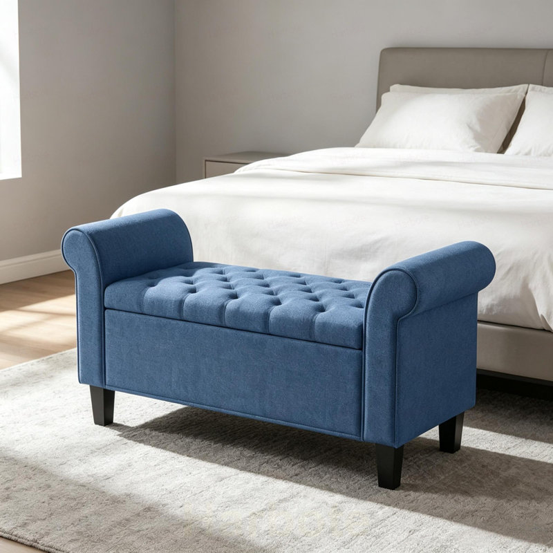 Banc de rangement capitonné avec accoudoirs arrondis, pouf de rangement avec charnière de sécurité et pieds en bois massif pour le pied de lit