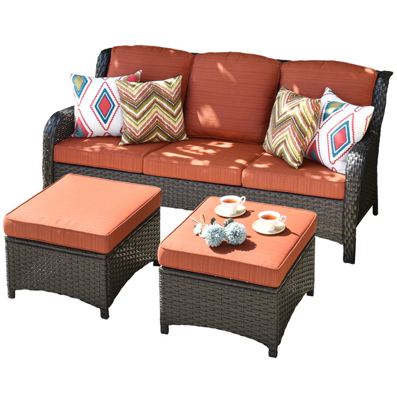 Ensemble de conversation avec canapé en rotin 3 pièces Gretna, Cadre brun / coussin rouge-orange