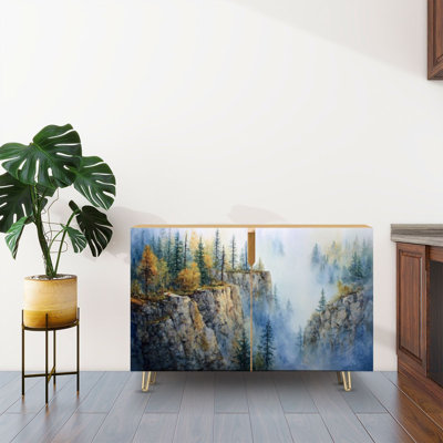 Buffet Buffet avec rangement Serene Misty Pine Mountain Ink avec 2 portes pour le salon et la cuisine