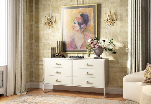 A room with gold wallpaper.