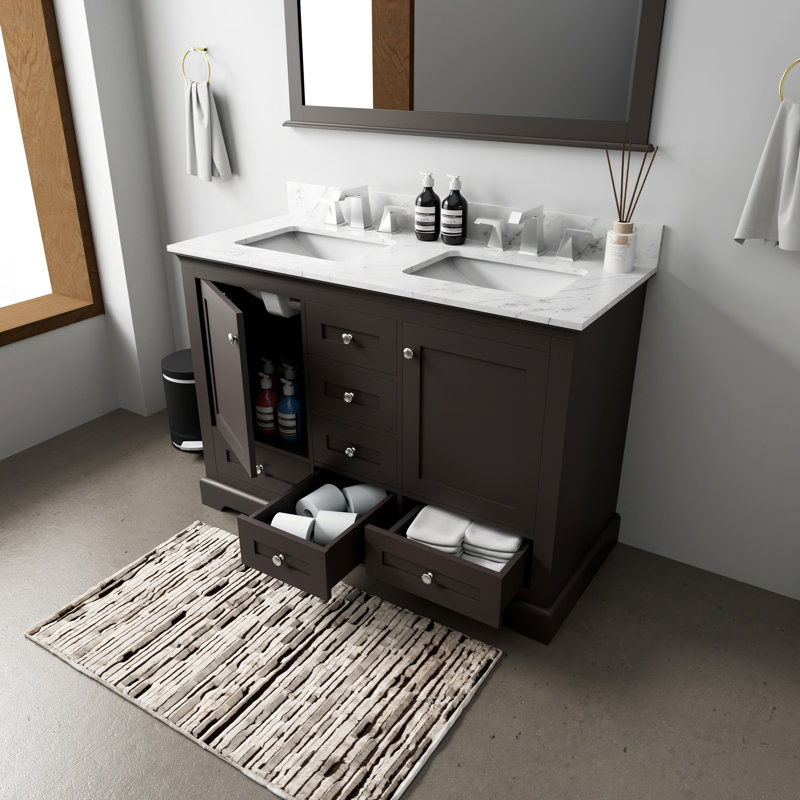 Ensemble de meuble-lavabo double avec plateau en marbre et robinet, Espresso