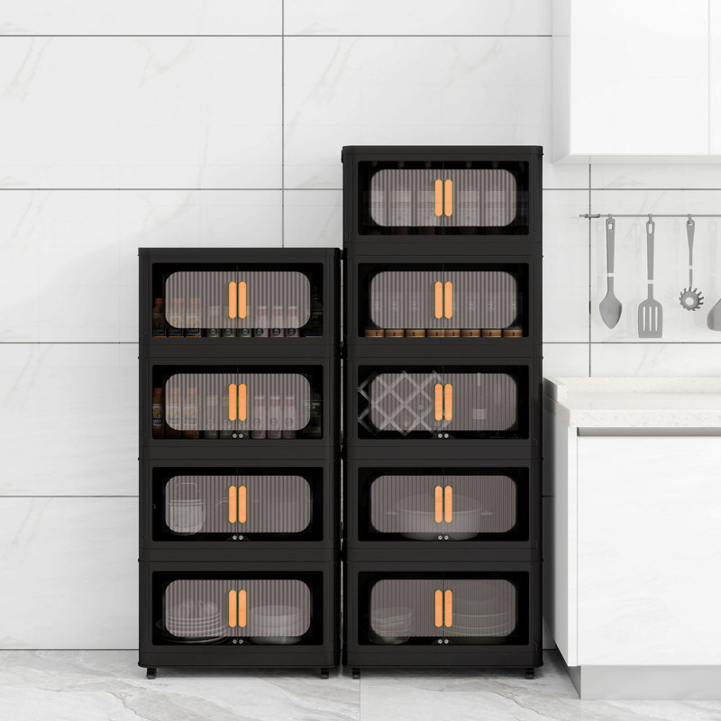 Black, 24" Side Wide Folding Storage Cabinet ,5 Tiers,23.62"×13.78"×59.84",Collapsible Storage Bins With Magnetic Door, Plastic Storage Cabinet With Wheels
