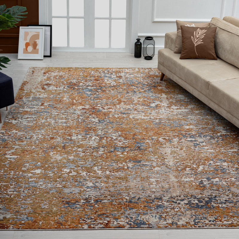 Arrika Floral Area Rug in Blue, Rectangle 9'6" x 13', Rust Tones/Indigo