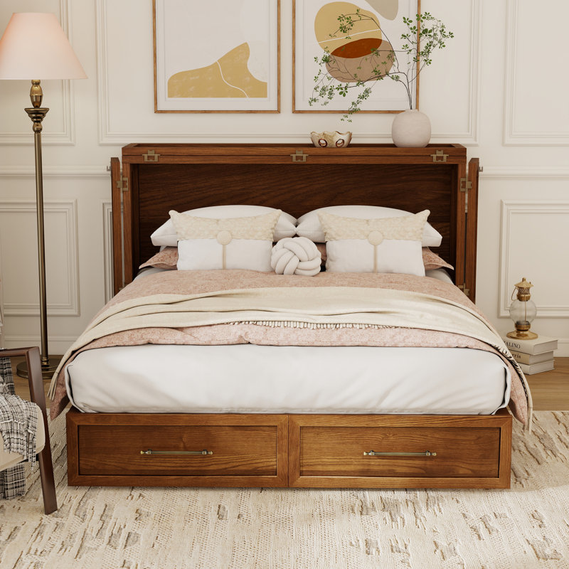 Armoire lit escamotable en bois massif - Grand lit, peu encombrant, design moderne, chêne rétro, Chêne