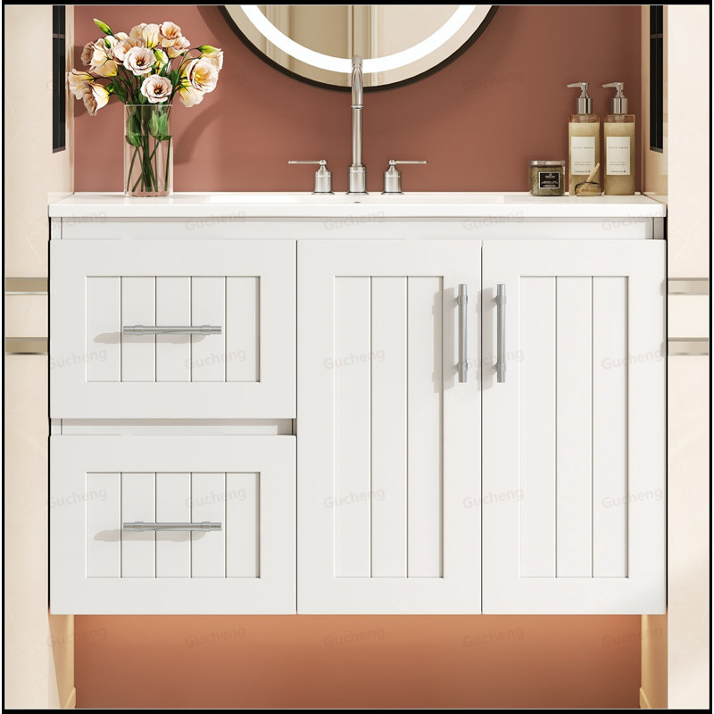 Meuble-lavabo mural avec 2 tiroirs et lavabo, Blanc