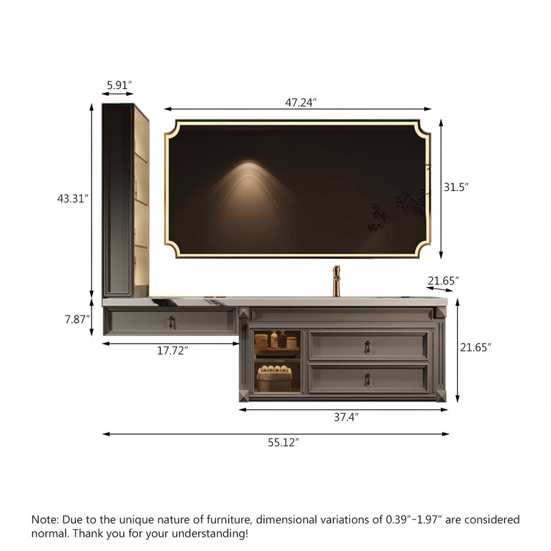Meuble-lavabo mural 55,12 po en bois d'hévéa massif fritté en pierre avec miroir intelligent et armoire d'appoint, 55"