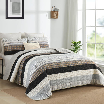 Ensemble de courtepointe 3 pièces à patchwork rayé de style bohème en microfibre douce et légère pour toutes les saisons