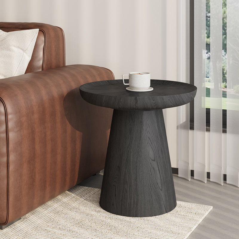 19.69'' Rustic Walnut Round End Table With Thick Conical Base, No Assembly Needed, Black