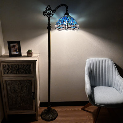 Shena Tiffany Floor Lamp Blue Stained Glass Dragonfly LED Bulb Included Gooseneck 20"W*12"D*63"H