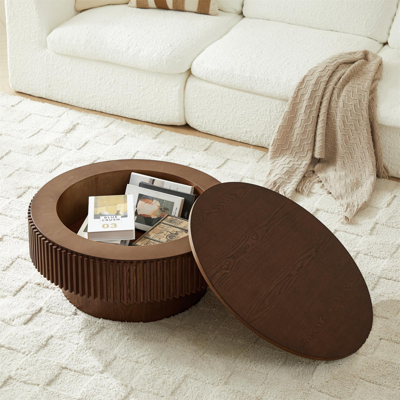 31.5" Walnut Fluted Drum Coffee Table with Storage for Small Spaces, Walnut