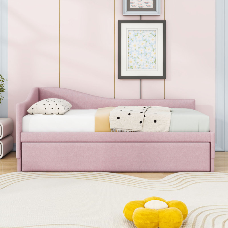 Twin Wooden Upholstered Daybed with Twin Trundle and Slats, Pink
