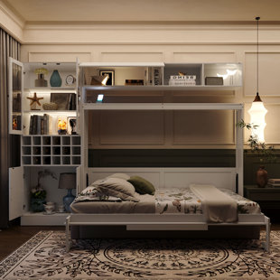 Lit escamotable double pleine grandeur avec canapé, tablettes, ports USB et lumière