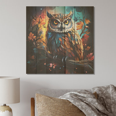 Blue And Orange Mysterious Owl Forest I - Owl Animal On Wood Print