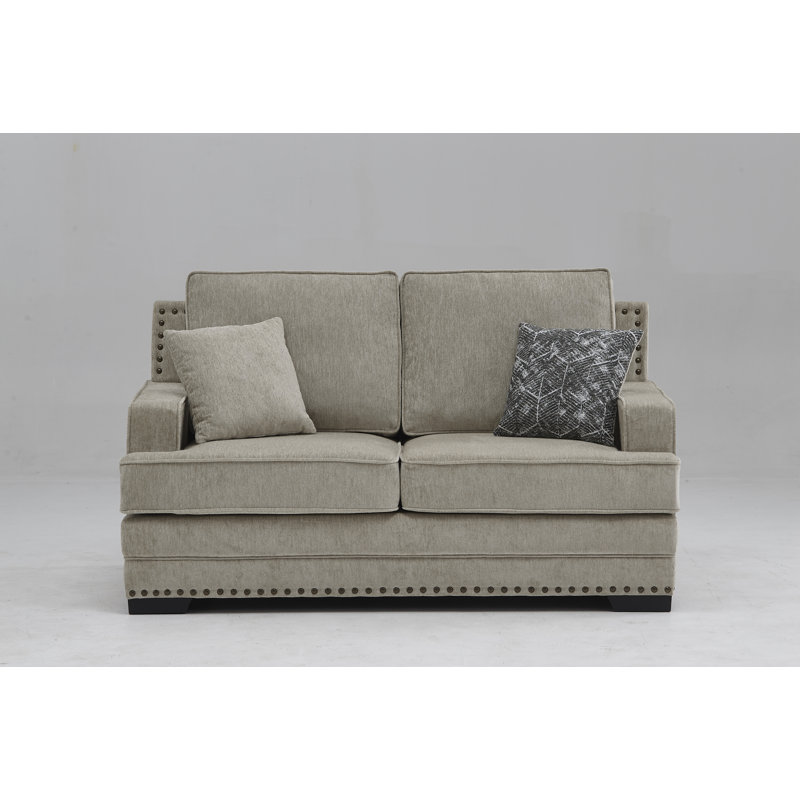 Causeuse stationnaire en tissu de chenille taupe avec 2 coussins, Tissu chenille taupe