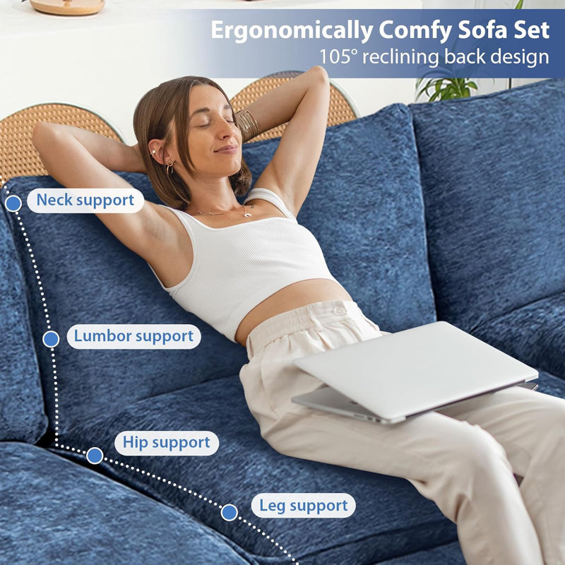 Upholstered U-Shape Sectional With Two Ottomans, 34.6" H x 80" W x 57.8" D, Blue Chenille
