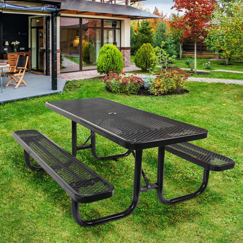 6 pi Table de pique-nique rectangulaire d'extérieur en acier avec mât de parasol, Noir, noir, noir, noir