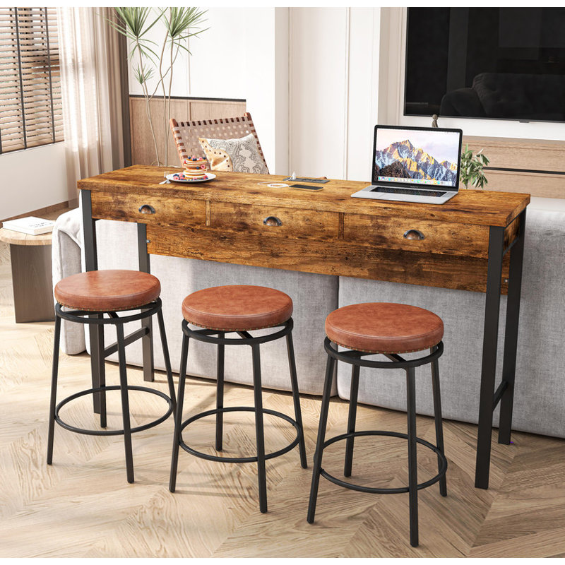 3-Drawer 72-Inch Long Dining Table Set with Built-in Power Outlets Bar Height Kitchen Table & 4 Circular PU Stools Easy Assembly Sturdy Wood Frame for Dining Room & Kitchen
