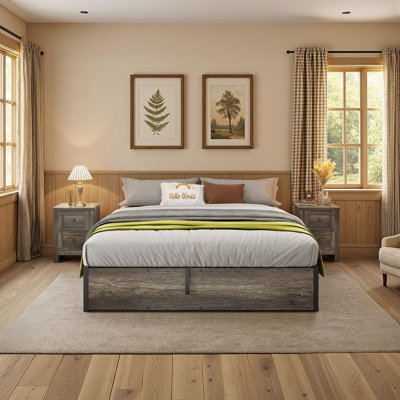 3 Piece Rustic Bedroom Set with King Size Lift Up Storage Bed Frame and 2 Nightstands,Gray